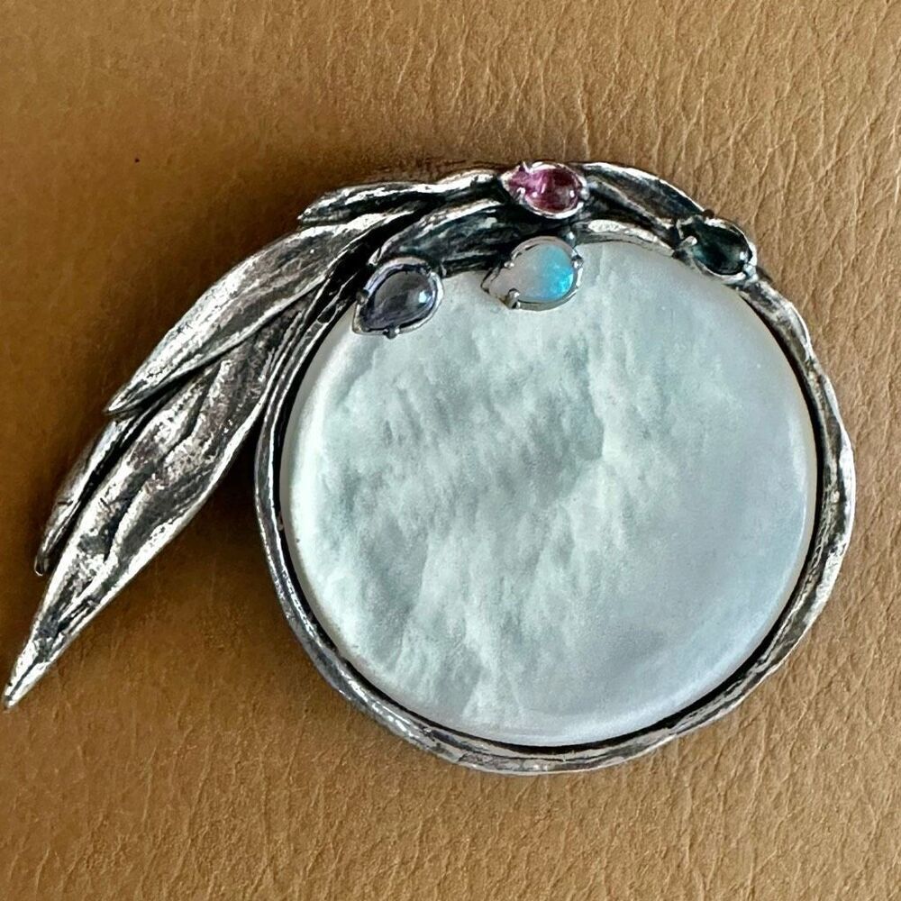 One-of-a-Kind Artisan Sterling Silver Brooch with Real Gemstones & Abalone